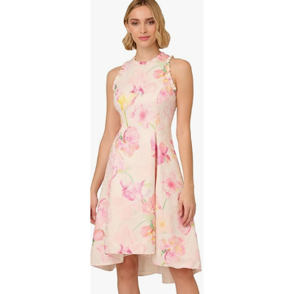 Adrianna Papell floral jacquard ruffle-trim dress size 6